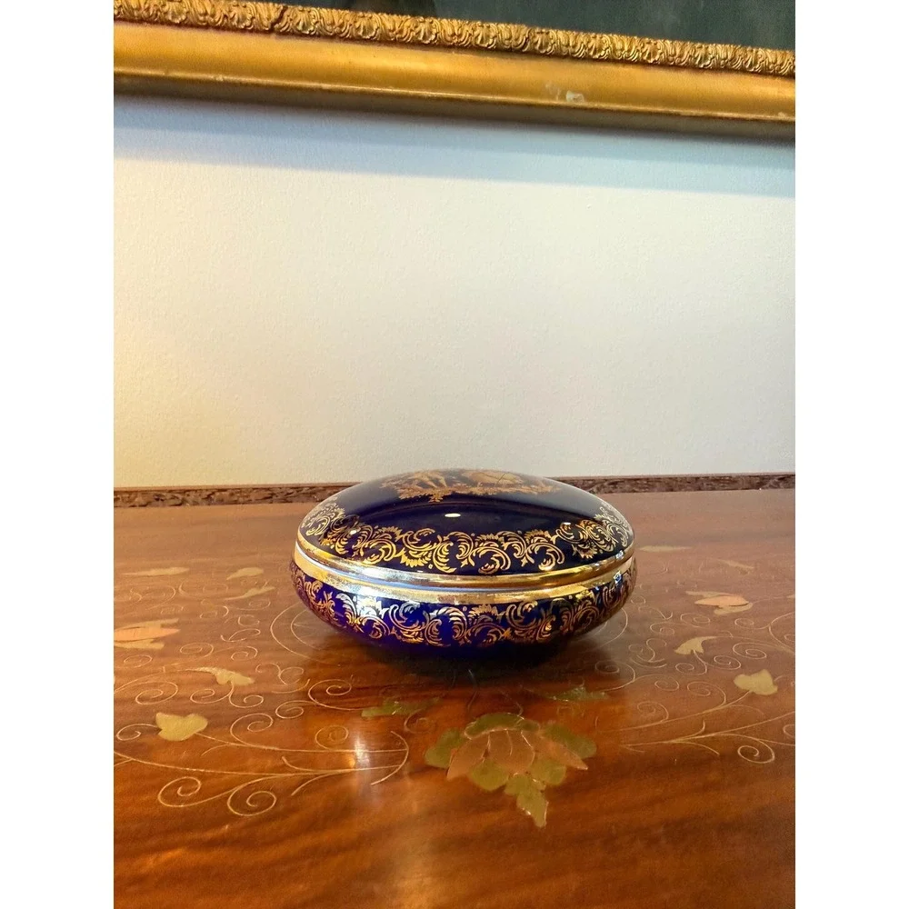 Vintage Limoges Cobalt Blue Gold Trinket Box, French Porcelain 4.5